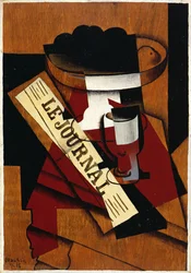 Fruitschaal, glas en krant, 1916